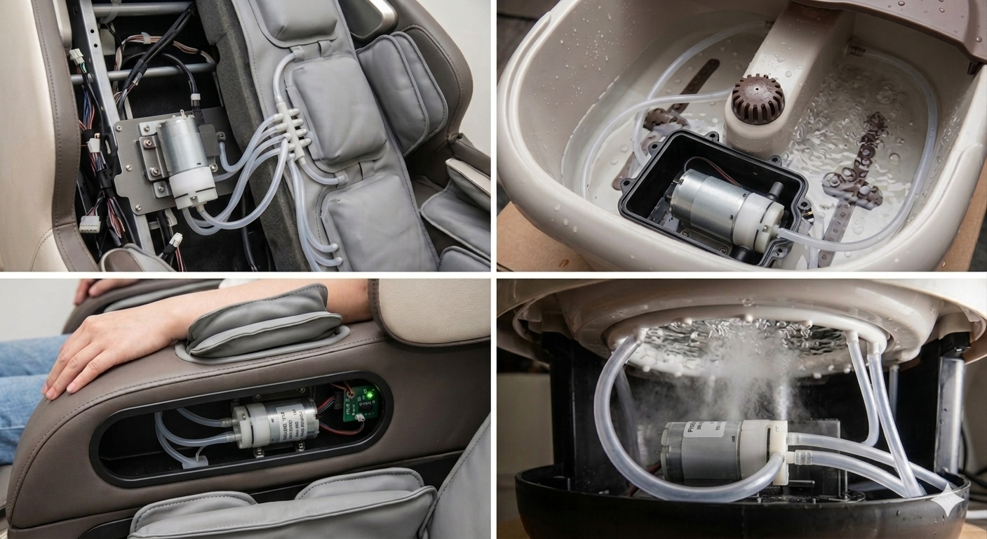 Professional installation of 12V mini pump inside a premium massage chair, showing the integration with the airbag inflation system and wiring.