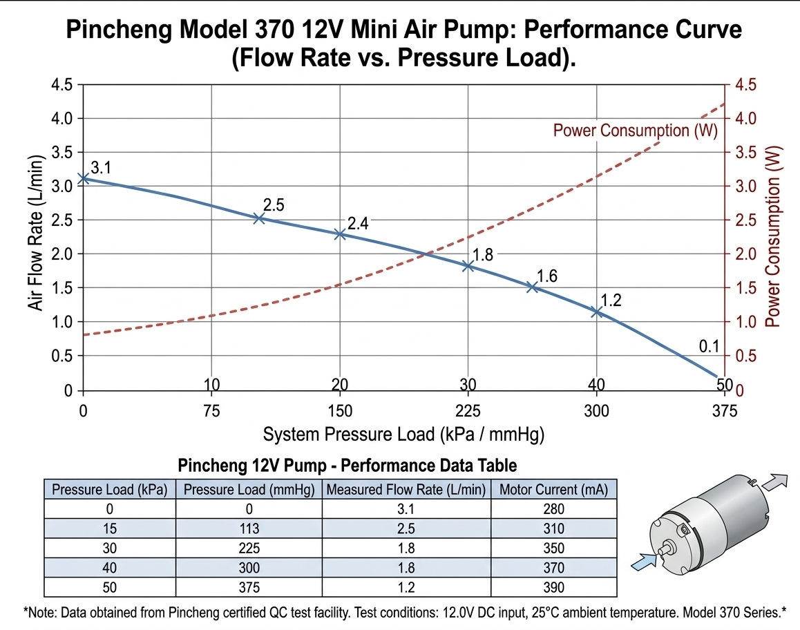 Technical chart showing the performance curve of Pincheng Model 370 12V mini air pump. The graph displays the relationship between air flow rate (L/min) and system pressure load (kPa/mmHg), with power consumption (W) benchmarks. Validated data for massage chair airbag systems.